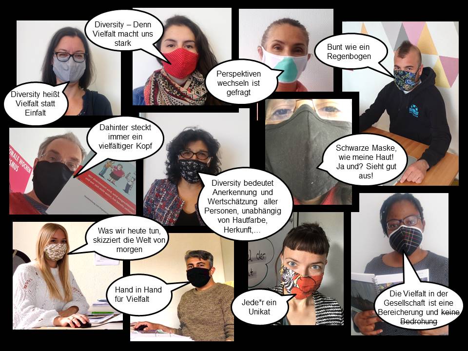 Portraits von IQ-Mitarbeitenden mit Mund-Nasenbedeckung und Sprechblasen zum Thema Diversity